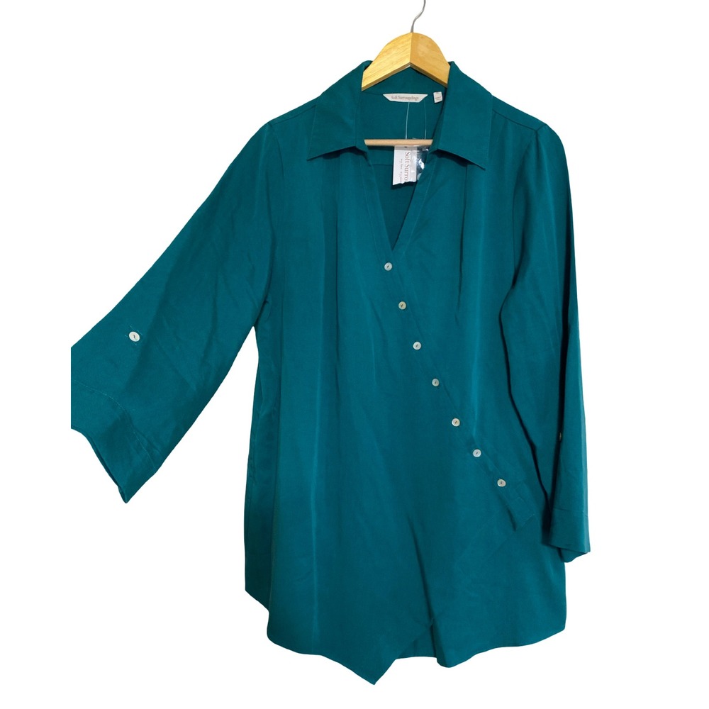NWT Soft Surroundings Teal Tencel Lyocell Asymmetric Button Tunic Top XL
